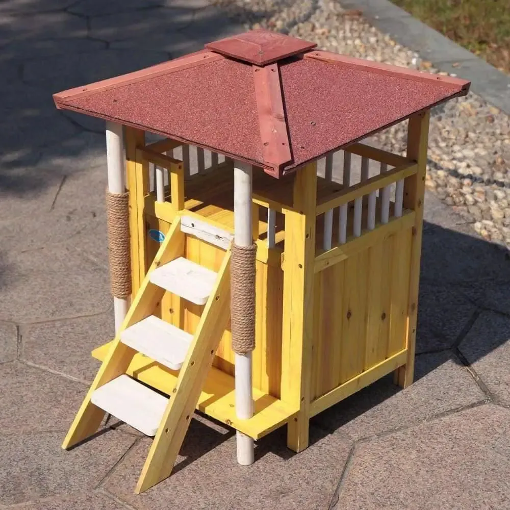 Wooden Waterproof Cat Dog Puppy House with Ladder 2 Story