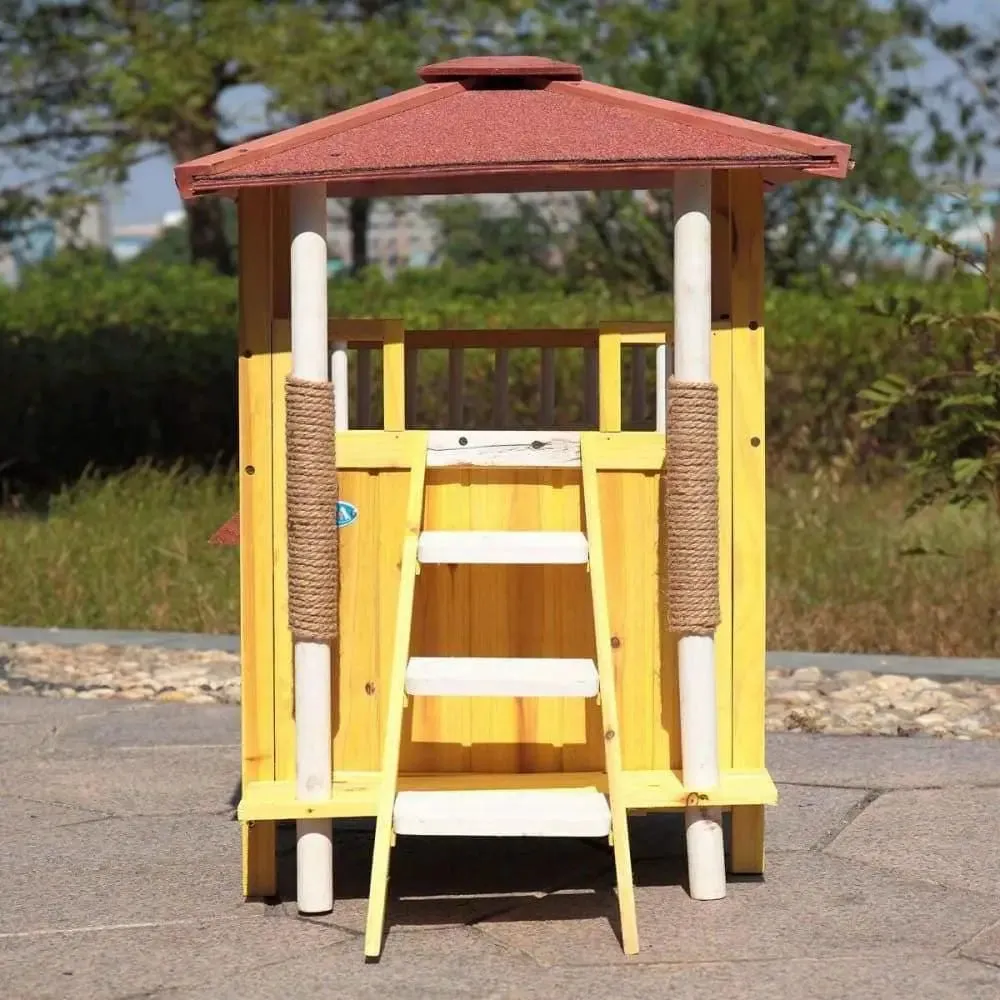 Wooden Waterproof Cat Dog Puppy House with Ladder 2 Story